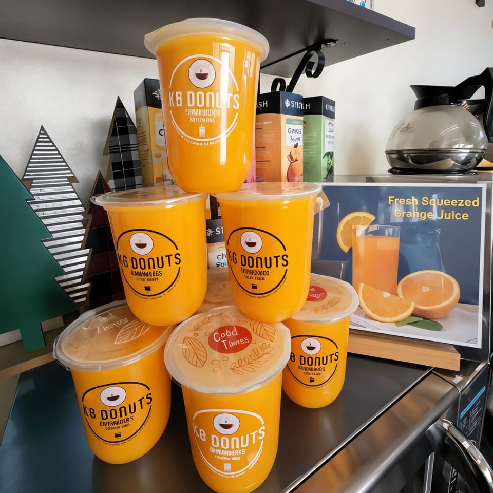 KB Donuts orange juice cups stacked on a counter next to a "Fresh Squeezed Orange Juice" sign.
