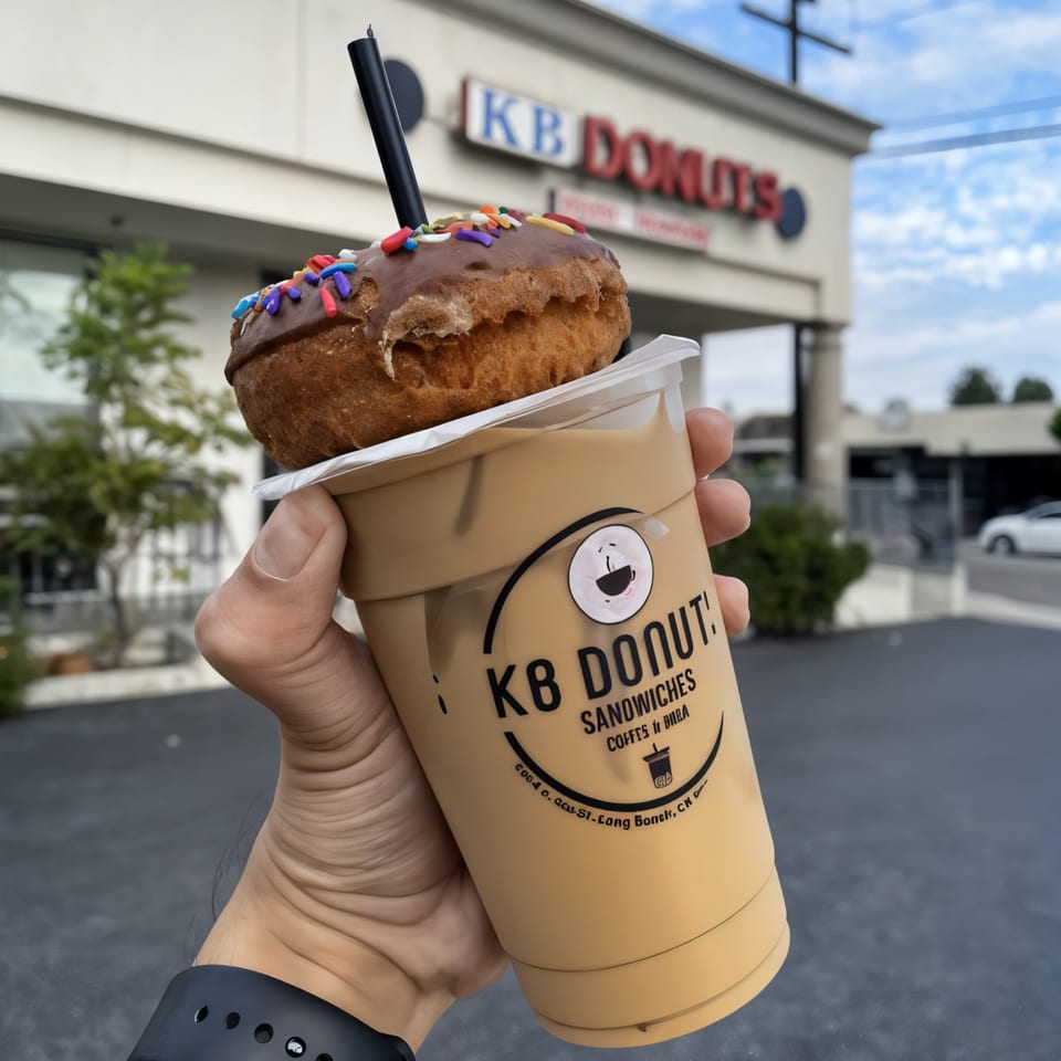 Hand holding an iced coffee with a chocolate-frosted donut on top, in front of KB Donuts.