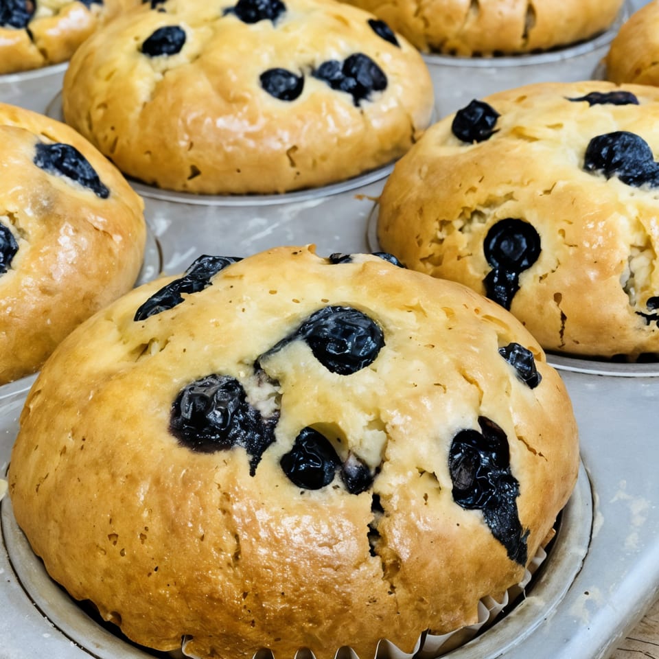Freshly baked blueberry muffins in a metal baking pan, ready to be served at KB Donuts.