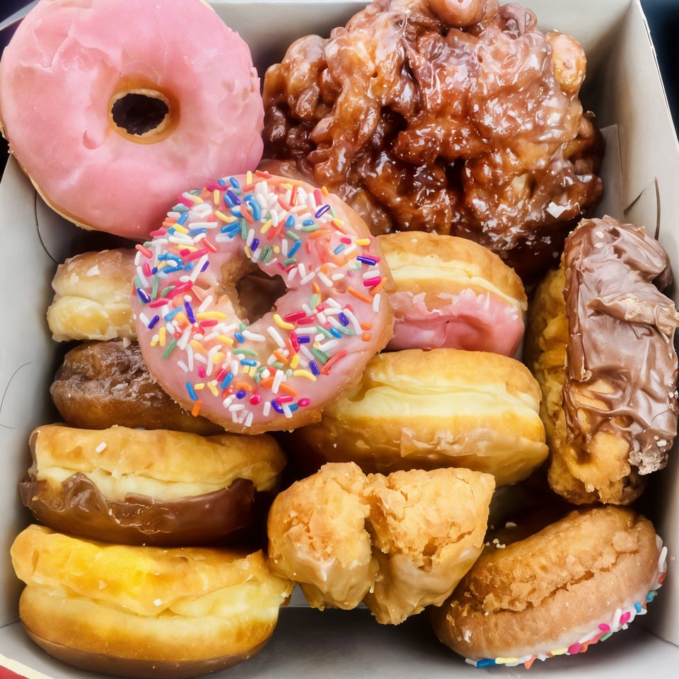 A box filled with assorted KB Donuts, including pink frosted, sprinkle, glazed, and chocolate varieties.