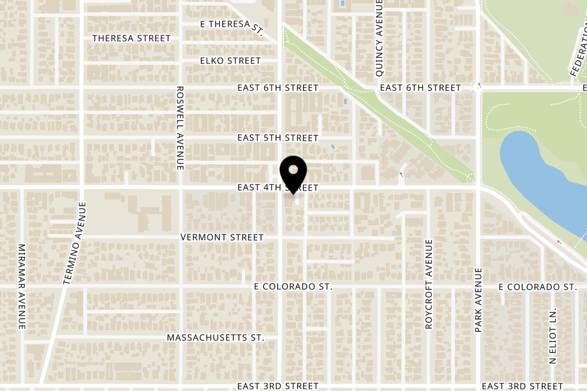 Map showing the location of KB Donuts and sandwiches on 4404 E 4th St in Long Beach